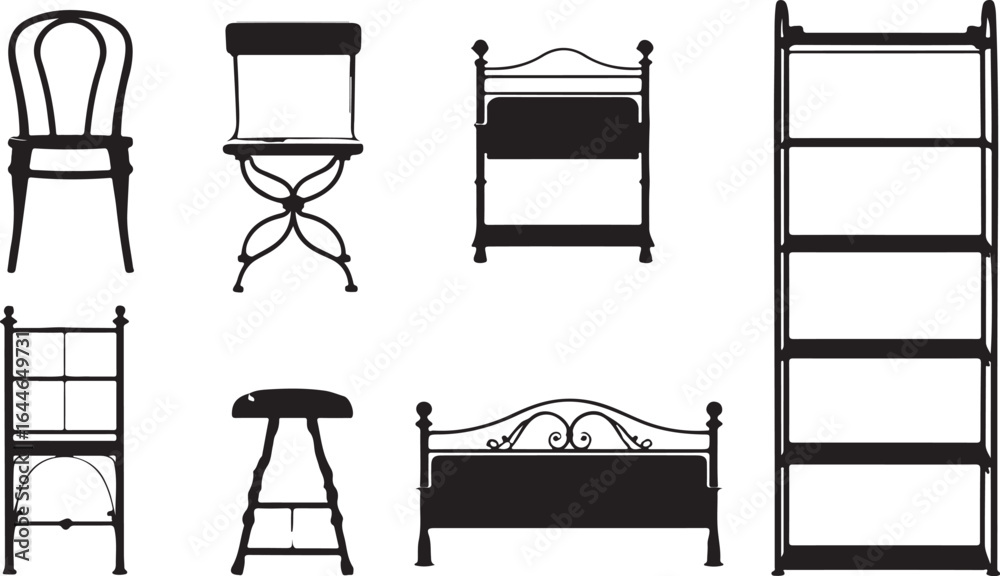 Set of wooden and metal furniture icons and silhouettes including chairs stools and tables for home and office interior design Set of wooden and metal furniture icons and silhouettes including chairs stools and tables for home and office interior design