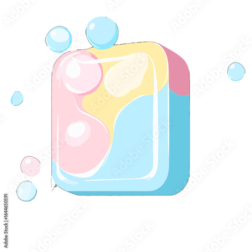 A glossy, pastel-colored soap cube with pink, yellow, and blue swirls and floating bubbles.