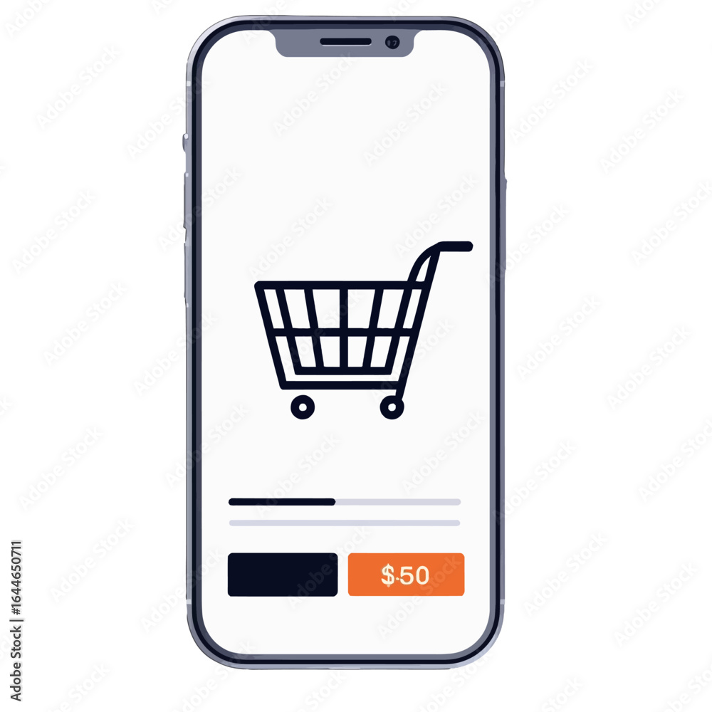 A smartphone screen displaying an online shopping cart icon with payment details and interface elements. A smartphone screen displaying an online shopping cart icon with payment details and interface elements.