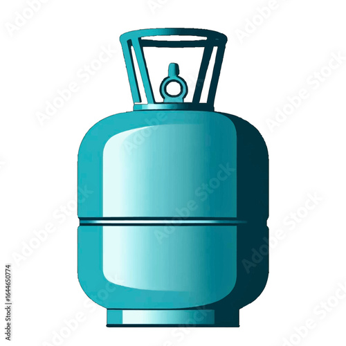 Teal propane tank, cylindrical, metal, pressure vessel, safety valve.