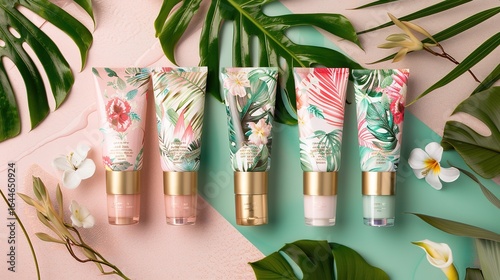 Pastel pink and teal skincare tubes adorned with tropical leaf designs, showcasing soft color hues and intricate patterns, perfect for beauty product displays, cosmetic branding, or skincare marketing