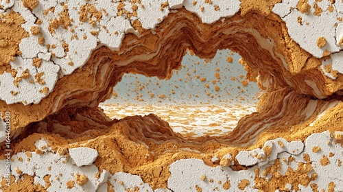 Cracked ochre cave, layered landscape