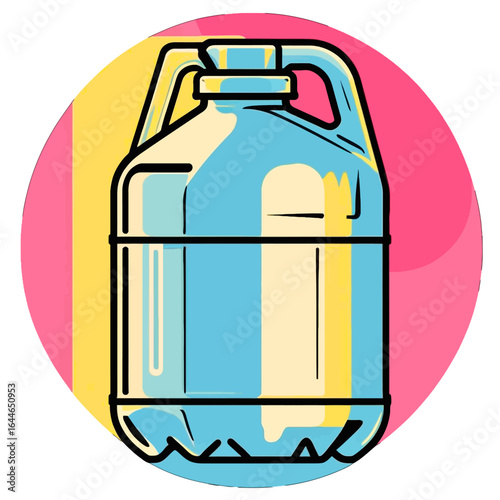 A graphic illustration of a large plastic water jug on a colorful pink and yellow circular background.