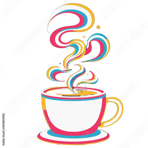 A vibrant illustration of a steaming cup of coffee, with colorful, abstract swirls of aroma rising into the air.