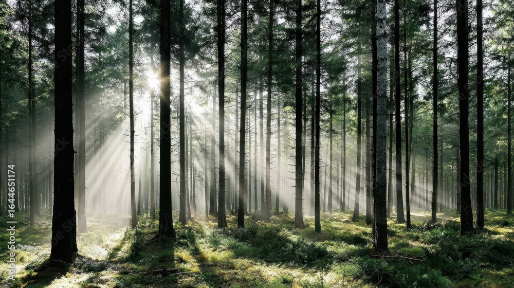 Obraz premium Sunlight streams through a dense forest.