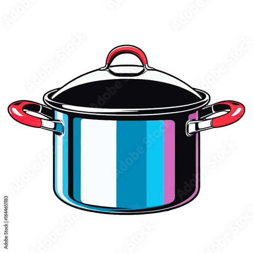 Colorful illustration of a stainless steel cooking pot with a lid.