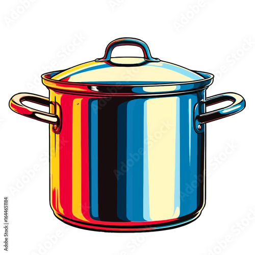 Colorful illustration of a stainless steel cooking pot with a lid.