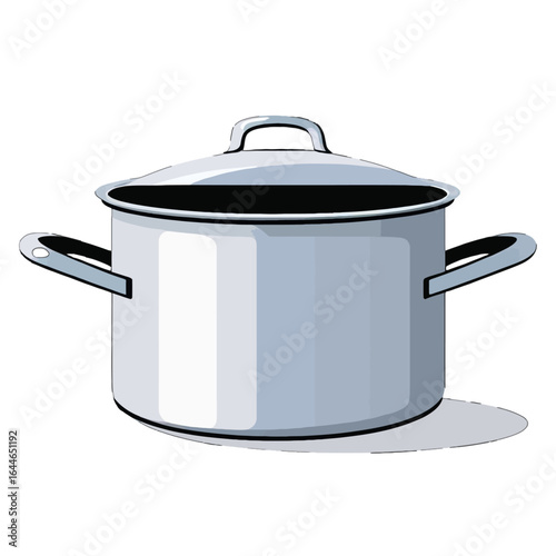 An illustration of a silver cooking pot with a lid and two handles.