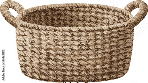 Empty, handmade brown wicker basket isolated on a white background, perfect for picnics or rustic decor