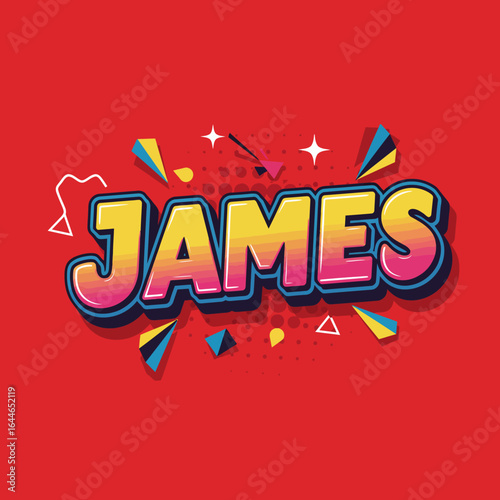 High-resolution vector illustration of the word James in a vibrant neon color palette pop art style.
