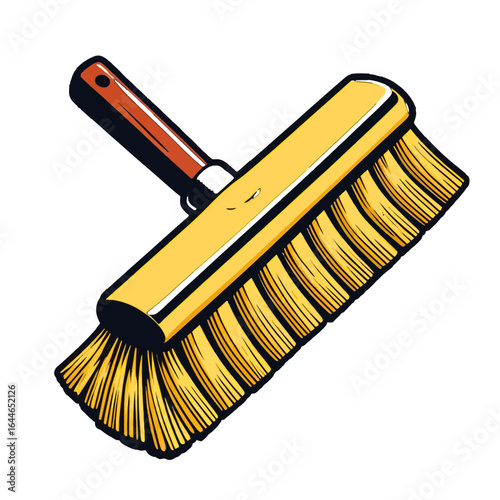 A cartoon illustration of a wide yellow scrub brush with a short brown handle.