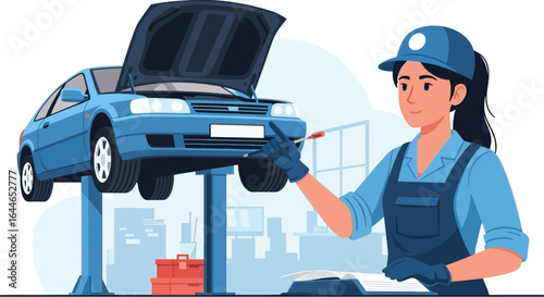 Skilled mechanic expertly servicing vehicle on lift with open hood