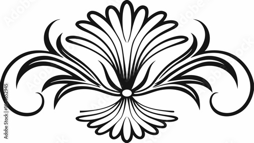 Elegant floral design with symmetrical swirls and stylized petals in black and white illustration art silhouette