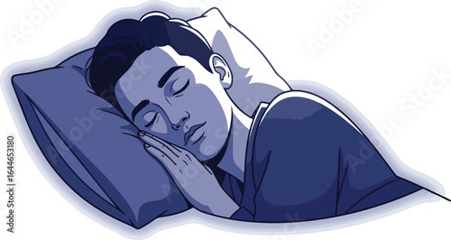Vector illustration of a young man sleeping peacefully with his head on a soft pillow.