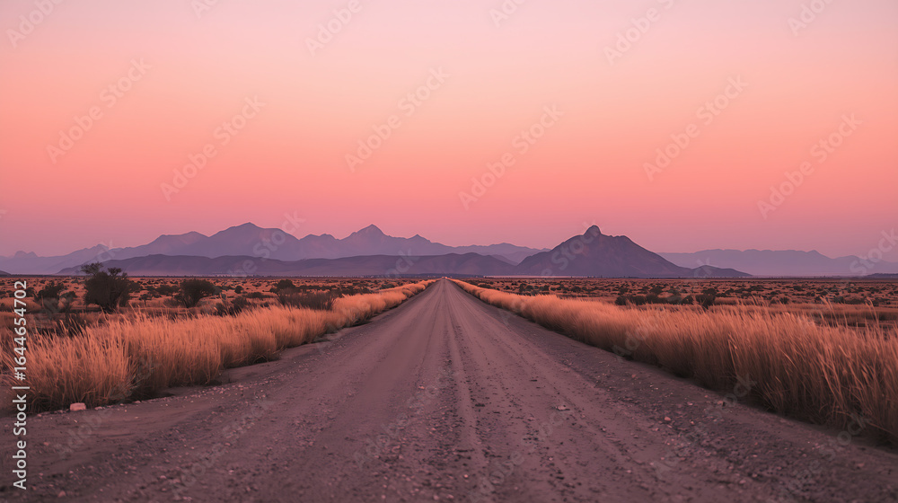 Naklejka premium The scene features a serene desert landscape with a straight dirt road, golden dry grass, and warm pastel colors, with distant mountain ranges and a soft blue sky.