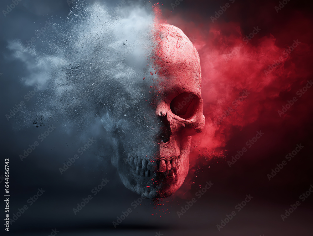 Obraz premium Half of a skull dissolves into smoky particles, split between cold blue and fiery red hues, symbolizing contrast between life and death or duality in a surreal, dramatic composition