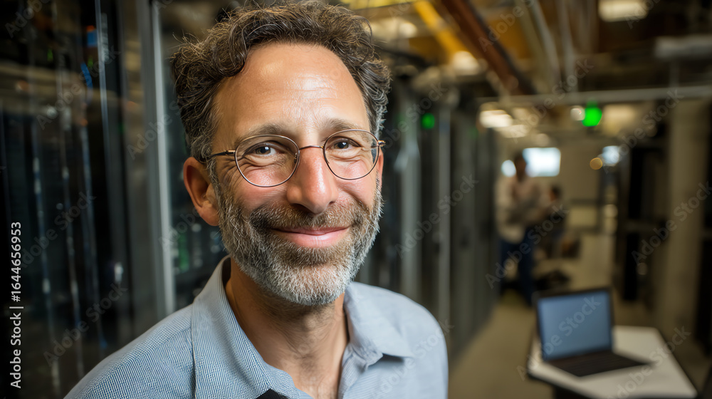 Obraz premium Smiling man with glasses and a beard stands in a modern server room, suggesting a tech or IT professional in a data center environment