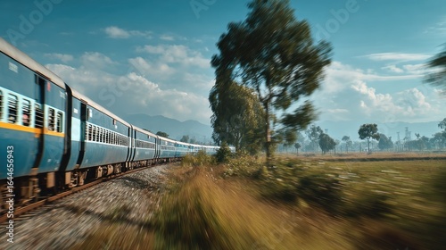 Dynamic Indian train journey through the rural landscape with motion blur