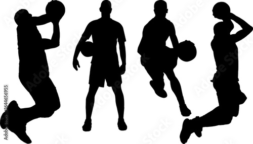 men basketball player jumping shoot postures silhouette black shape monocolor vector on white background
