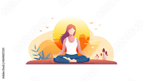 Woman meditating in lotus position at sunset, yoga and meditation for relaxation and wellness concept