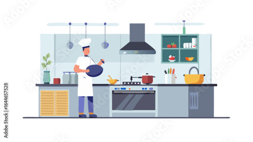 Chef cooking food in kitchen illustration vector design culinary preparation restaurant professional cuisine