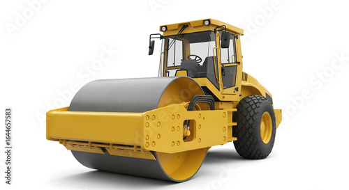 Yellow Road Roller Isolated on White Background - Heavy Construction Equipment for Paving