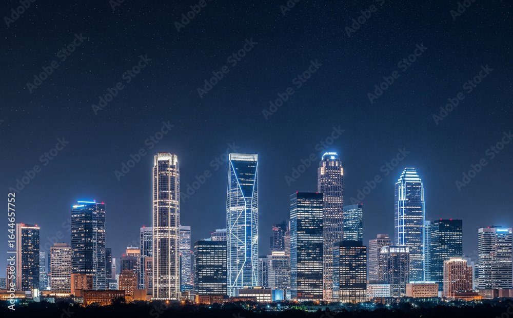 Obraz premium Downtown Skyline At Night With Stars In The Sky And Architectural Lighting