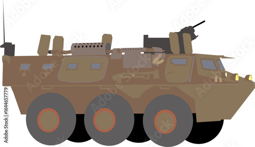A vector illustration of an armored military vehicle with six wheels and mounted weaponry, designed in a flat style on a white background