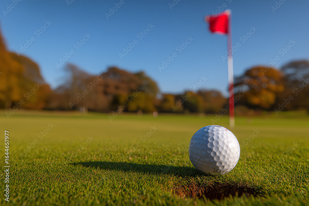 Obraz premium A close-up of a golf ball resting on the edge of a hole on a green golf course with a red flag and trees in the background under a clear blue sky