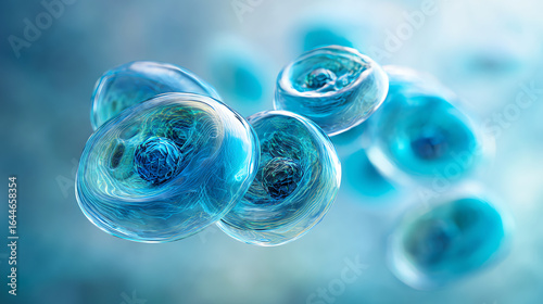 Transparent blue cells with visible nuclei, depicted in a 3D microscopic view, showcasing cellular structures and biological detail against a soft blue background