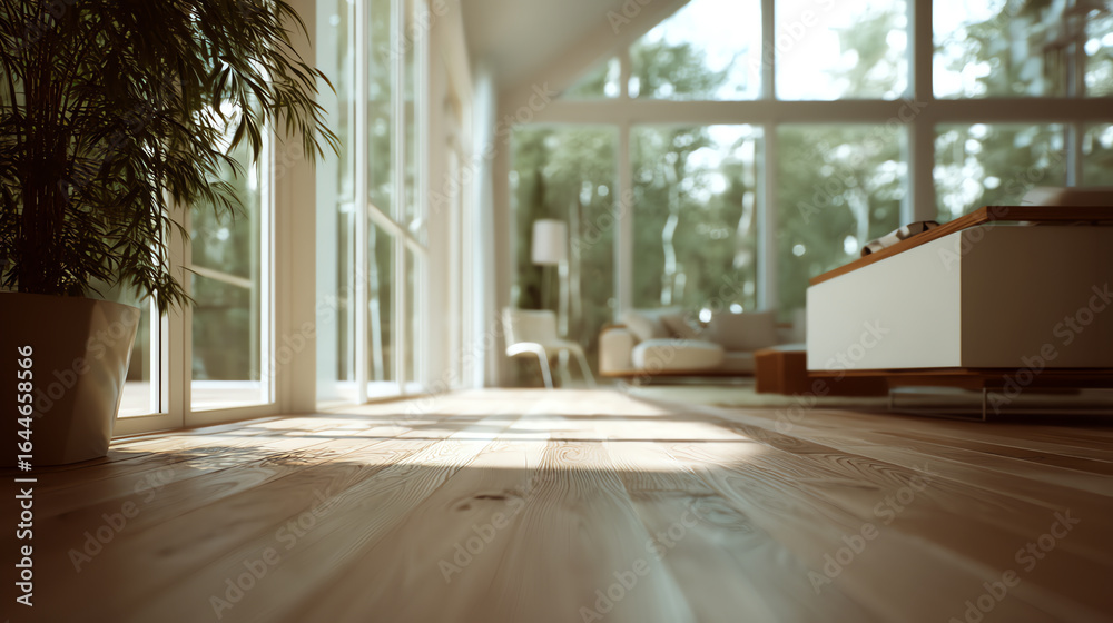 Fototapeta premium Sunlit modern living room with wooden flooring, large windows, white walls, a potted plant, and cozy furnishings in a bright, minimalist home setting
