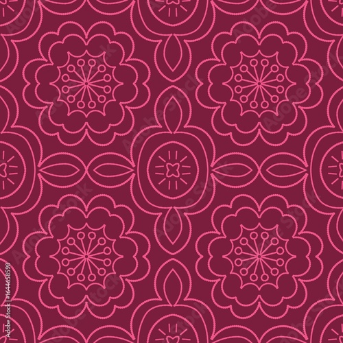Seamless geometric floral pattern with bright pink lines on a dark red background. Suitable for fabric printing, wallpaper, gift wrapping paper, stationery and decorative design.