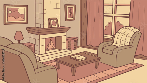 Cozy living room interior design with fireplace armchair sofa and coffee table illustration vector image