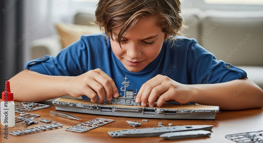 Fototapeta premium Young Boy Building Model Aircraft Carrier