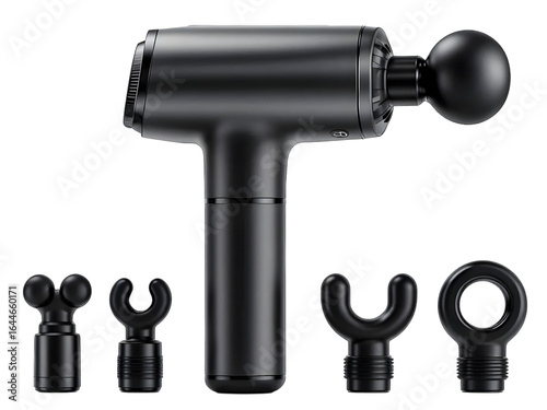 Modern handheld massage gun with black attachments, side view, isolated on white background

