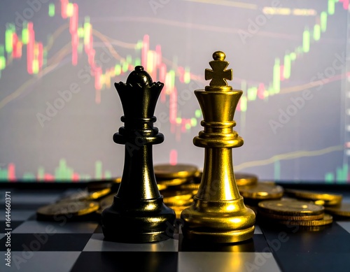 Gold and black chess king and queen pieces stand on a board before a stock market graph