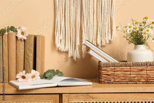 Cozy home decor with books,...