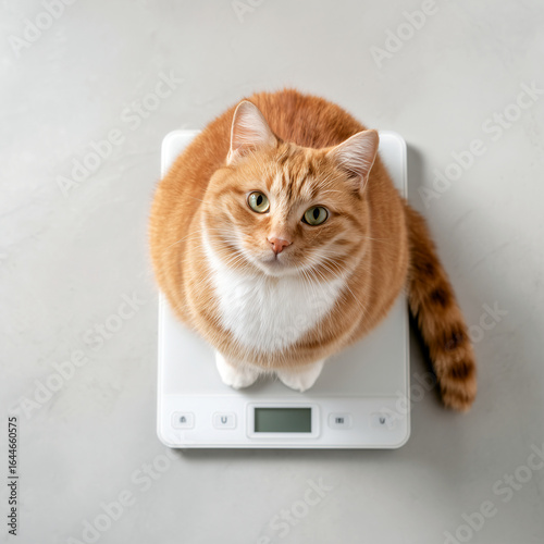 Ginger and white cat sitting on a digital scale, looking up with green eyes