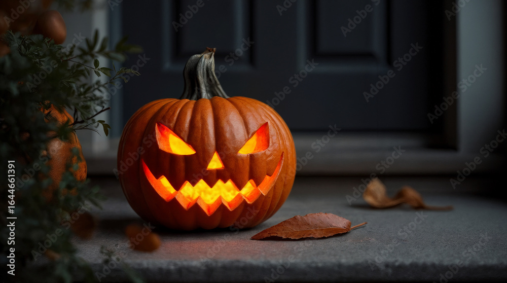 Obraz premium Grinning jack-o-lantern with lit flame on stone porch in autumn 