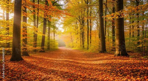 autumn in the forest,Autumn forest path covered in golden and red fallen leaves, tall trees with colorful foliage, warm sunbeams streaming through branches, peaceful walking trail, fall season beauty