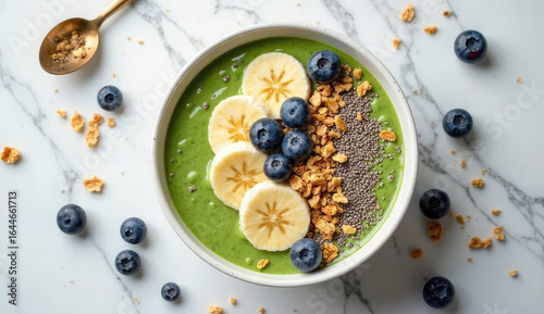 Healthy Green Smoothie Bowl with Banana, Blueberries, and Granola