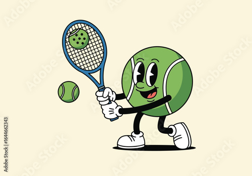 Vector art of cartoon tennis ball character playing tennis with racket on court