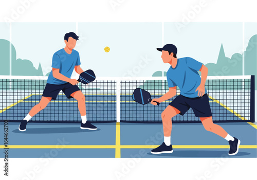 Vector art of two men playing padel tennis on a court during a match game