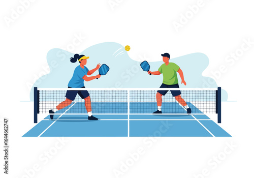 Vector art of pickleball players playing on court isolated on white background