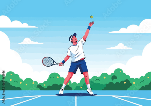 Vector art of male tennis player serving the ball on the court during a sunny day
