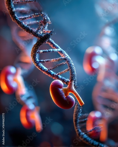 broken DNA helix spawning identical kidney replicas on mutations dark lab
