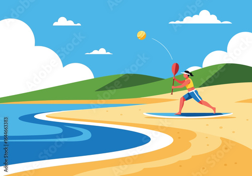 Vector art of woman paddleboarding on the beach with a paddle in summer illustration