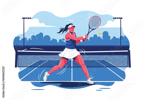 Vector art of female tennis player hitting the ball with racket isolated on white background