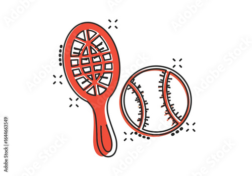 Vector art of tennis racket and ball in comic style isolated on white background