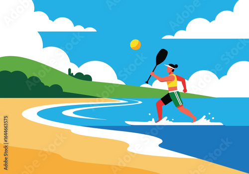 Vector art of woman paddleboarding on the sea with a paddle in summer illustration